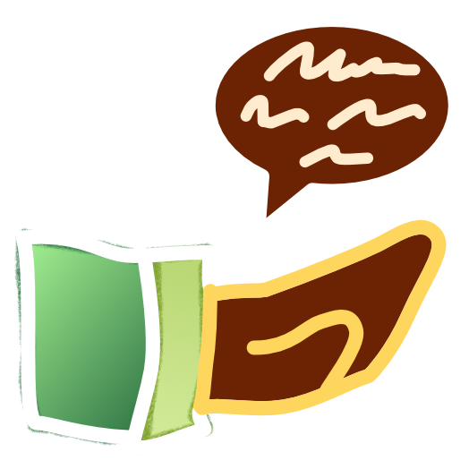 A brown hand outlined in yellow comes from a green sleeve. Hovering above the hand is a brown speech bubble with off white squiggles inside it. The image has light line art. 